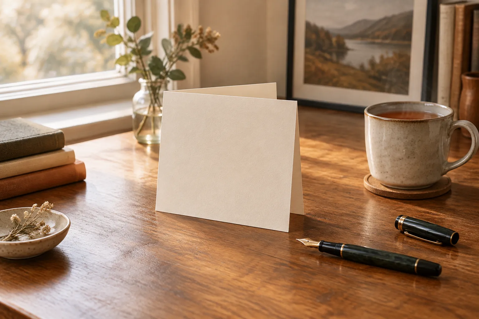 A blank card standing open on a desk beside an uncapped fountain pen and a mug of tea.