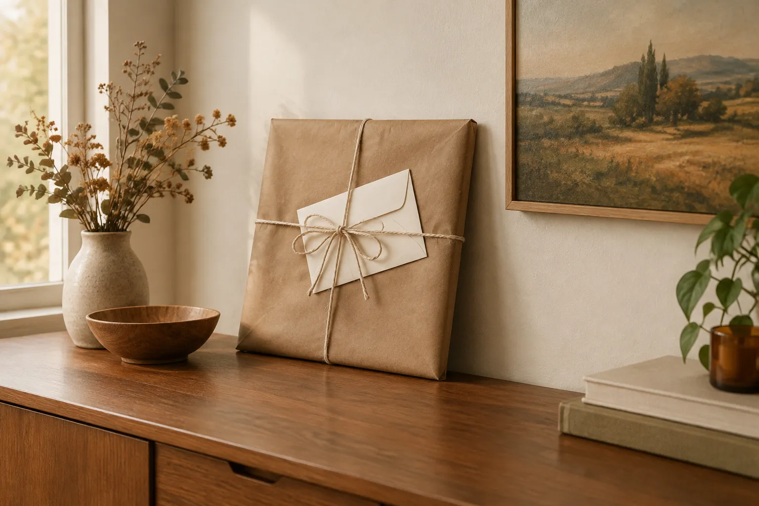 A flat brown-paper parcel tied with string, a sealed envelope tucked under the knot.
