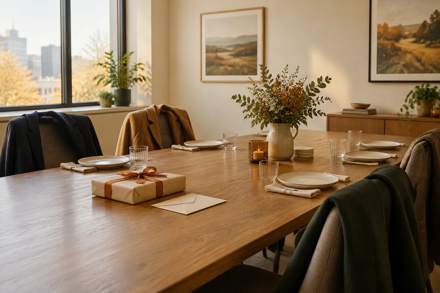 A wrapped gift and a sealed card on a meeting-room table, coats on the chairs.