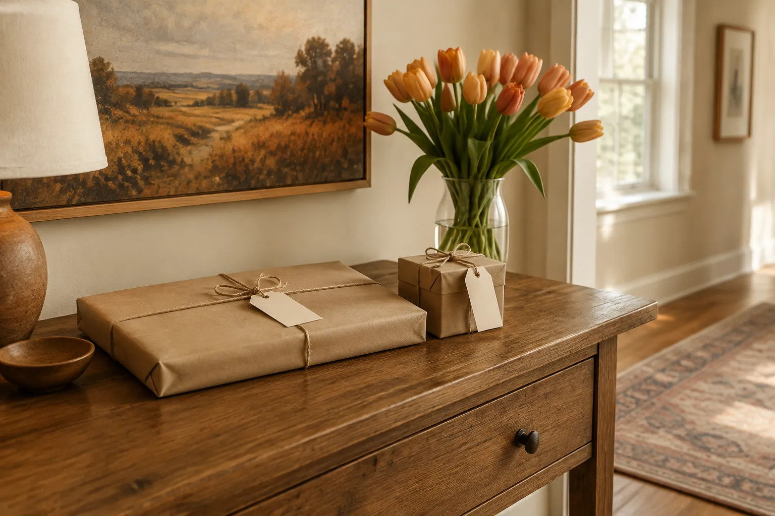 A large flat parcel and a small wrapped box side by side on a hallway table.