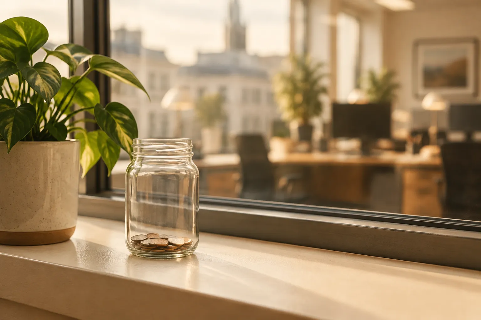 A glass jar with a few coins in it on an office windowsill beside a pot plant.