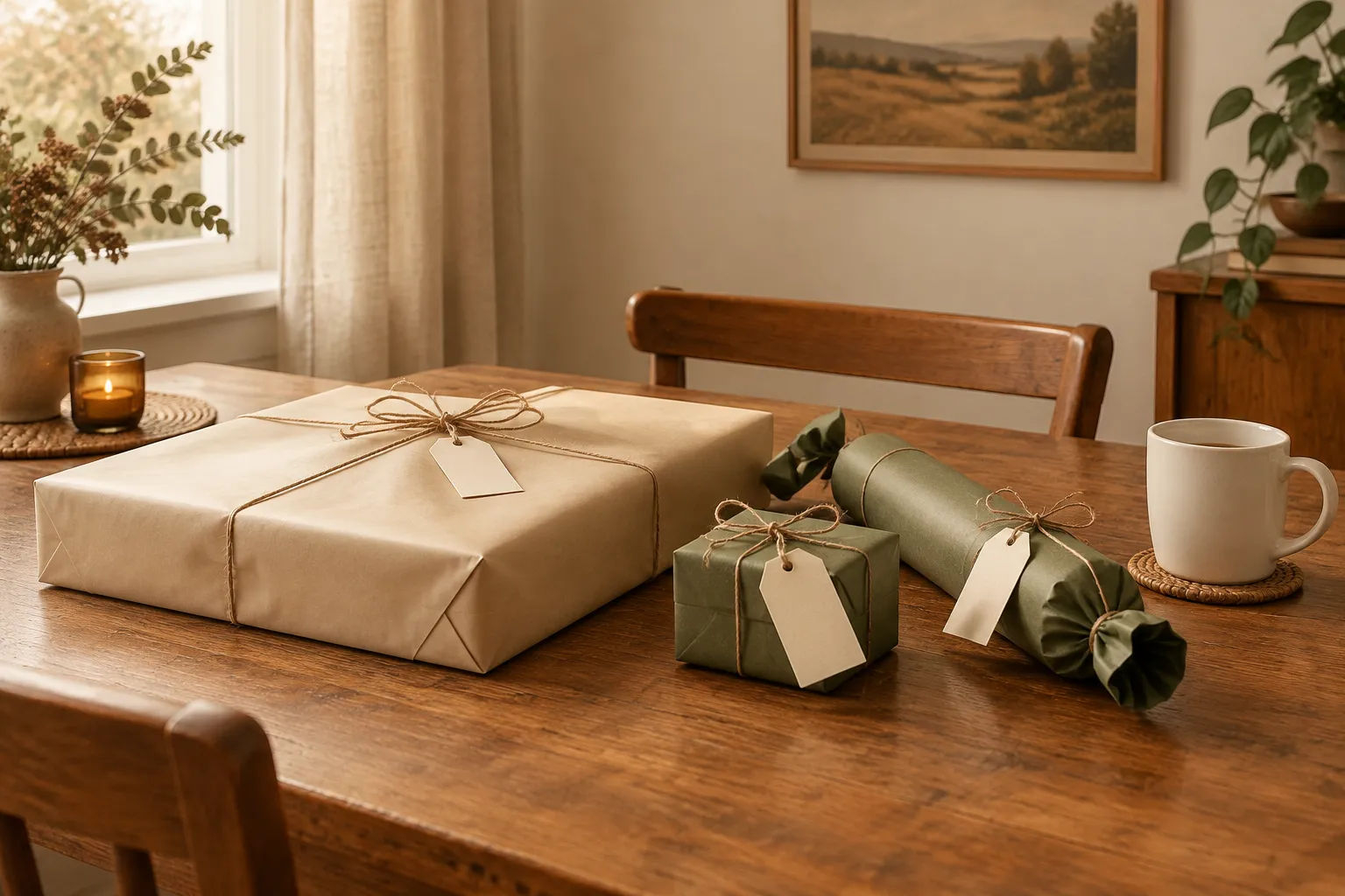 Three wrapped gifts of different shapes on a dining table beside a white mug.