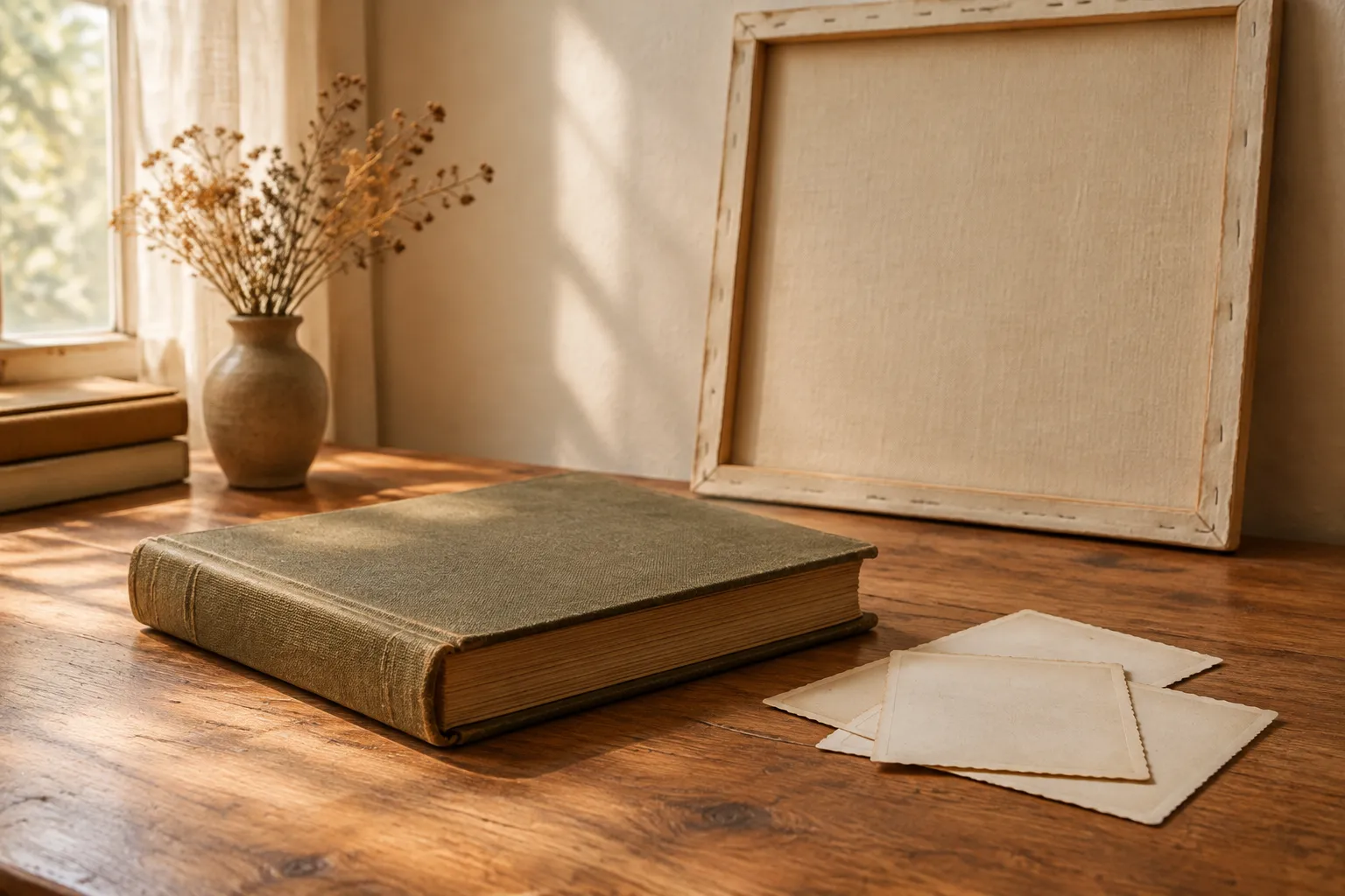A closed photo album and loose face-down photographs on a table, a bare canvas behind.