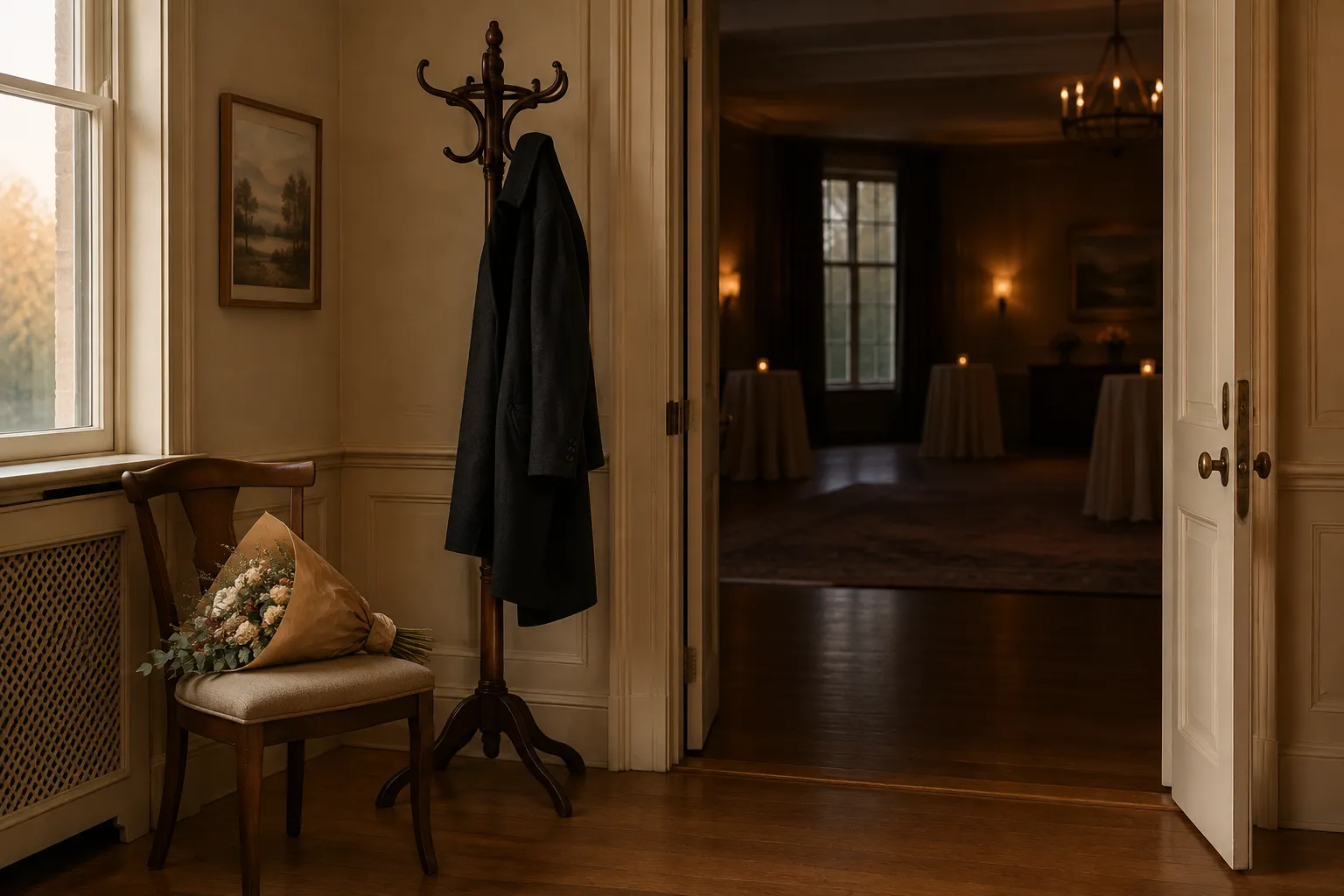 A single coat on a stand and a bunch of flowers on a chair by a function-room door.