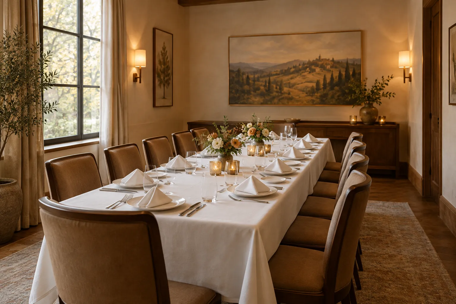 A restaurant private dining room with one long table laid for about a dozen.