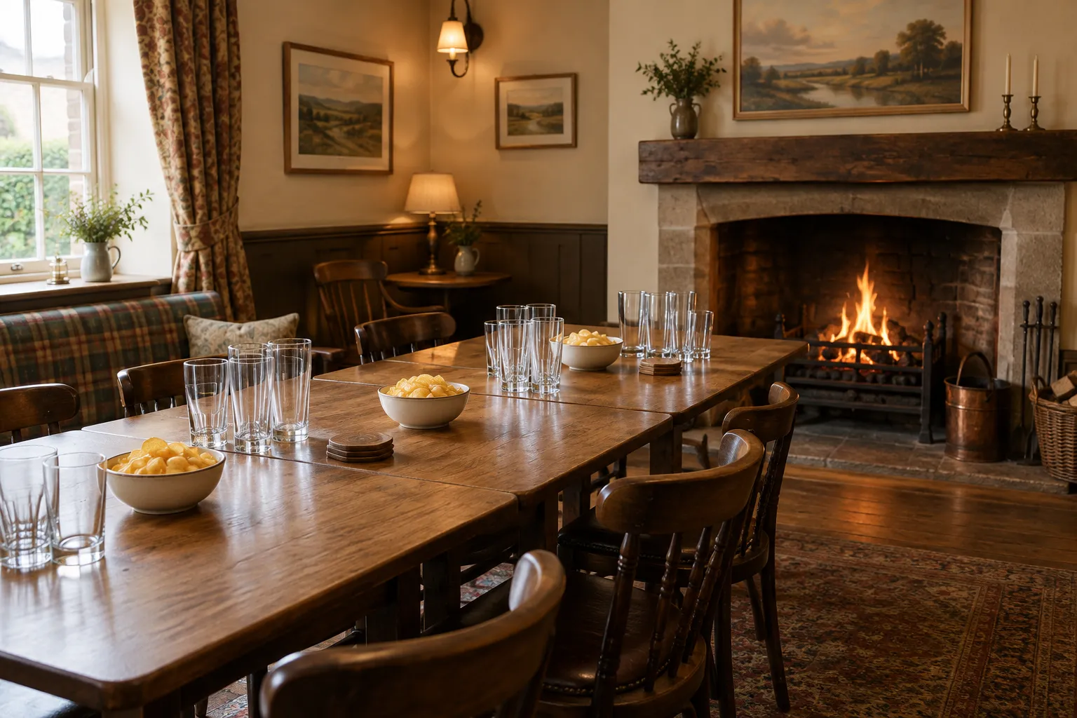 A pub back room with tables pushed together, clean glasses and a fire laid in the grate.