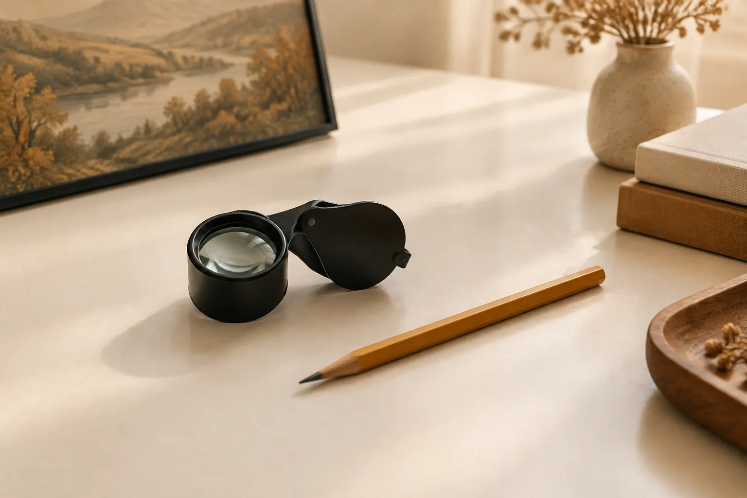 A magnifying loupe and a pencil resting on a light table.