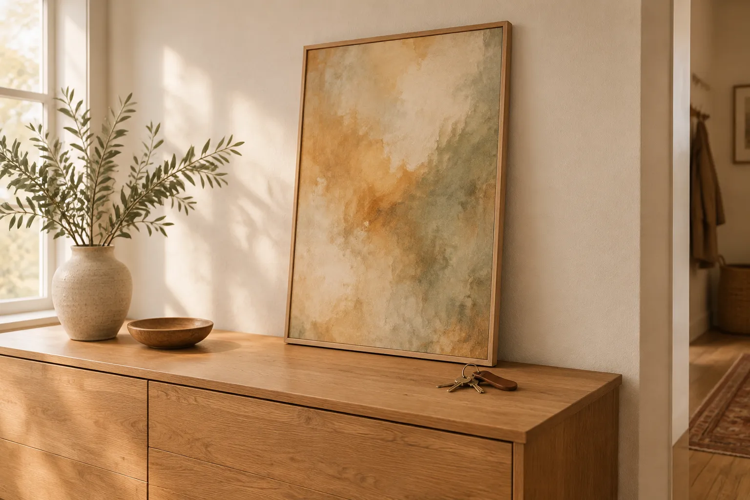 A natural wood frame holding a soft abstract wash, leaning on a hallway sideboard beside a set of keys.