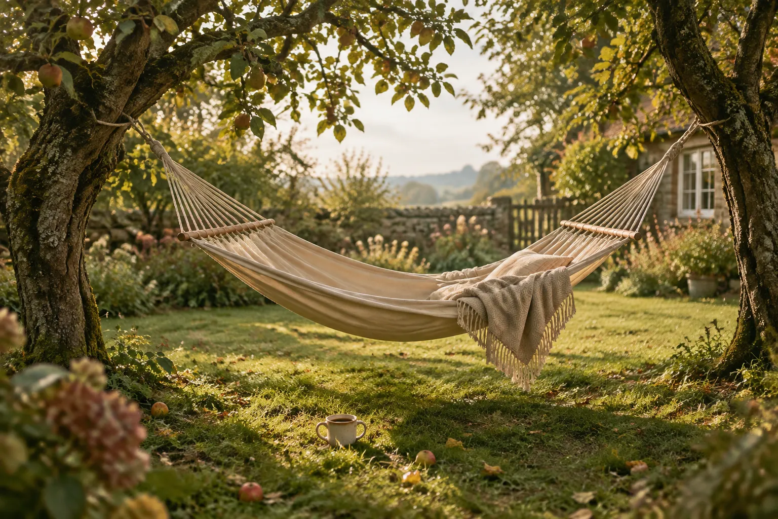 A hammock slung between two apple trees in a garden, a mug of coffee in the grass below.