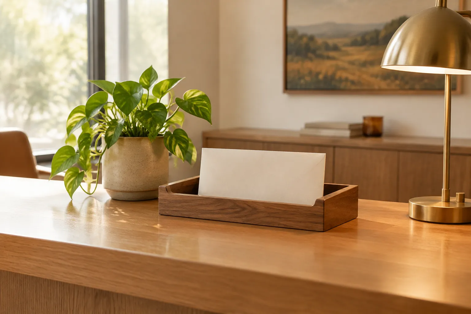 A plain envelope standing in a wooden tray on a reception desk beside a lamp.