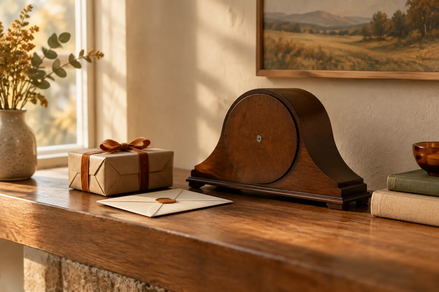 A small wrapped gift and a sealed card beside a wooden mantel clock on a shelf.