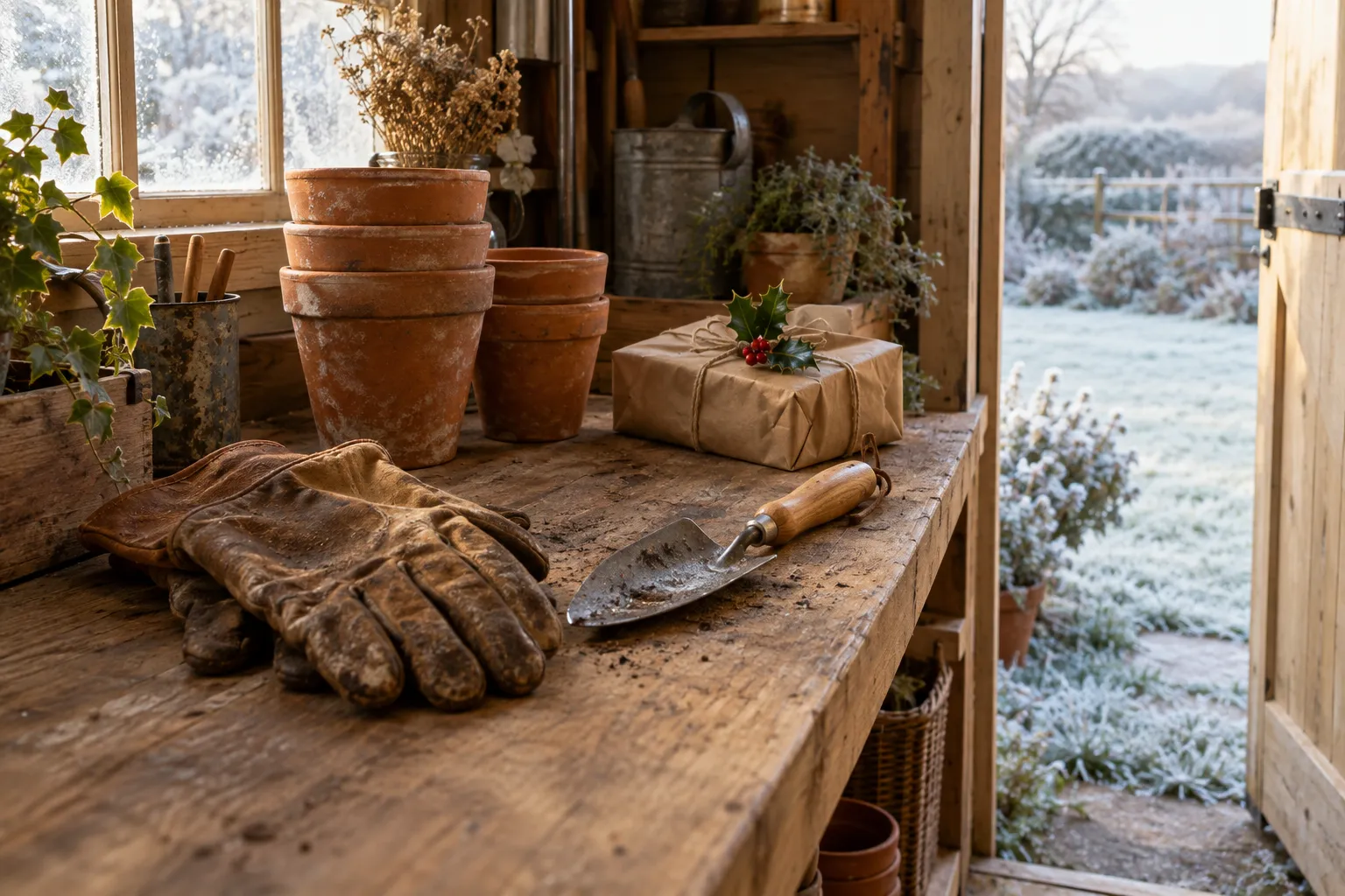 Gardening gloves, a trowel and terracotta pots on a shed potting bench beside a string-tied parcel and holly, frost outside.