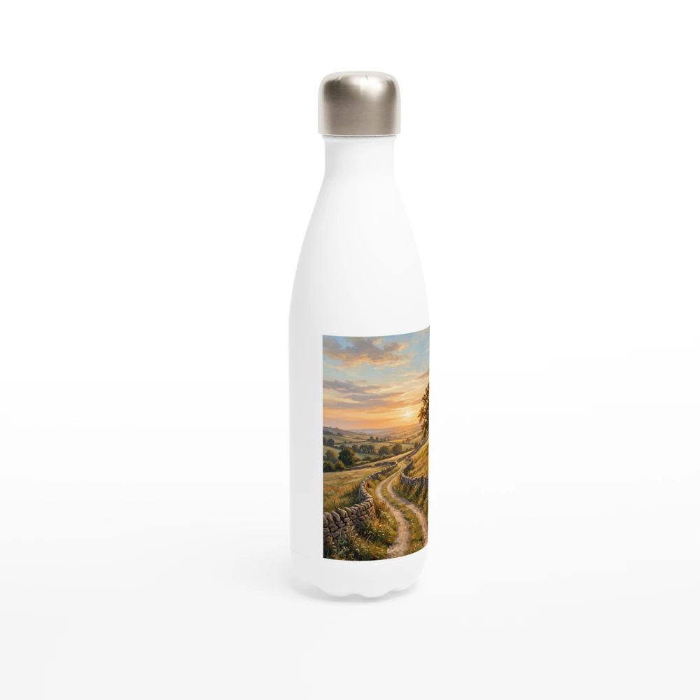 Gelato product render: The Open Road, a country lane winding towards a lone tree at sunset, printed on a panel on the front of a white stainless steel bottle