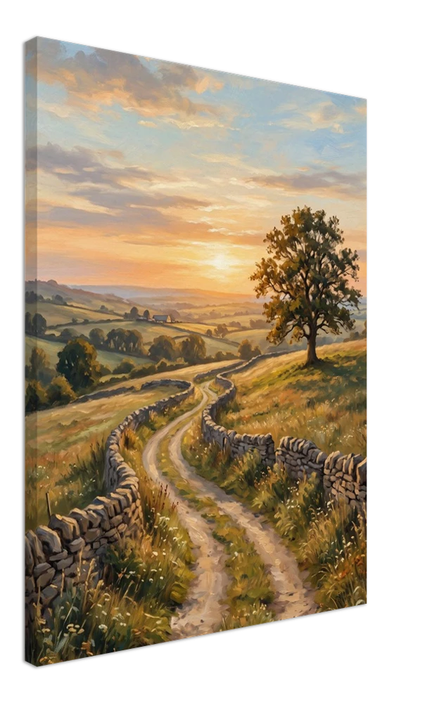Gelato product render: The Open Road, a country lane winding towards a lone tree at sunset, on a stretched canvas, the picture continuing round the side edge