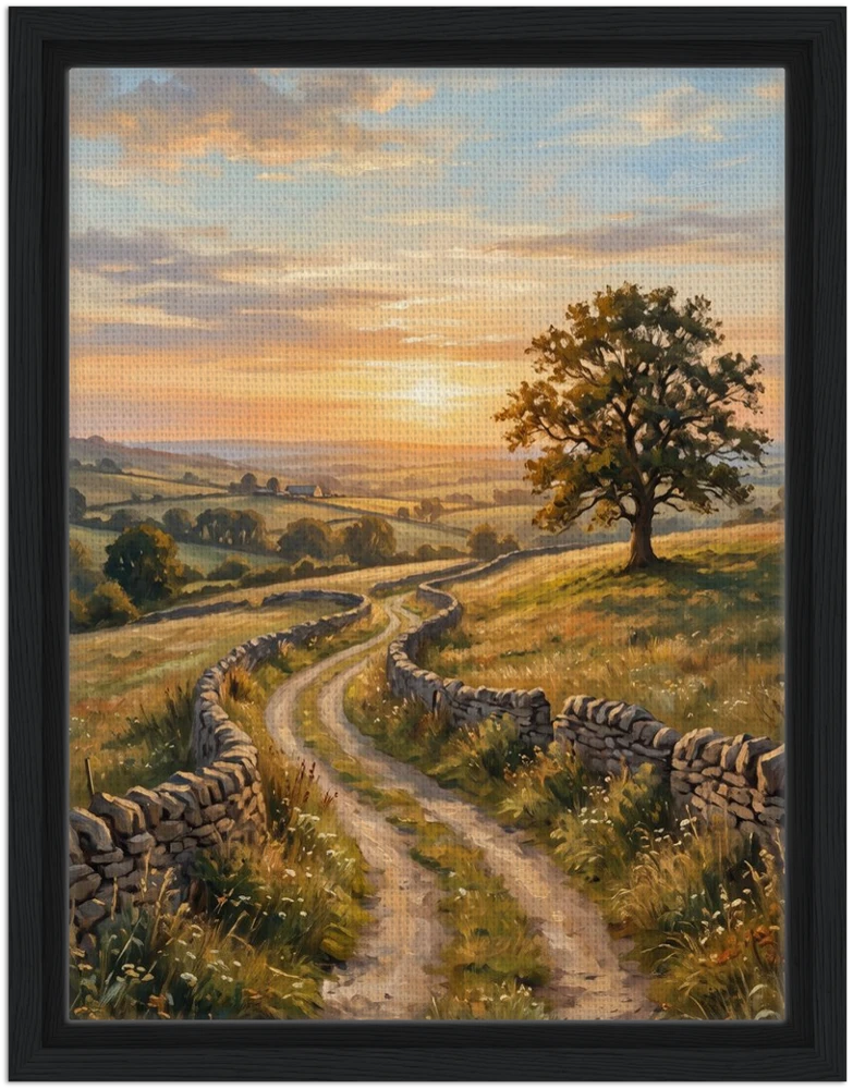 Gelato product render: The Open Road, a country lane winding towards a lone tree at sunset, on a canvas set inside a black frame