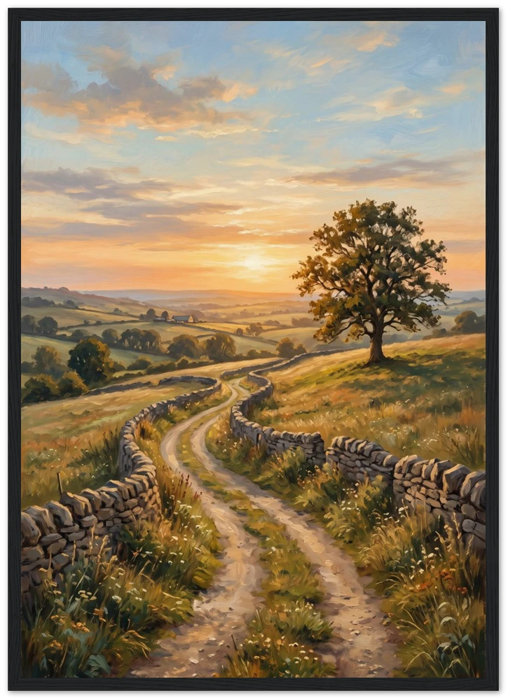 Gelato product render: The Open Road, a country lane winding towards a lone tree at sunset, printed and framed in a black frame