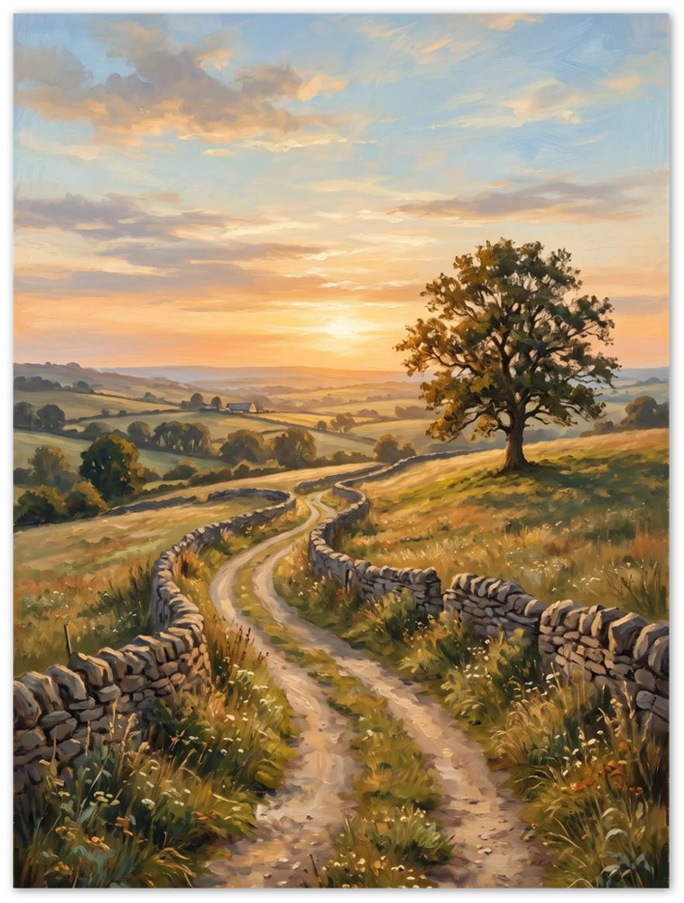 Gelato product render: The Open Road, a country lane winding towards a lone tree at sunset, printed edge to edge on a frameless metal panel