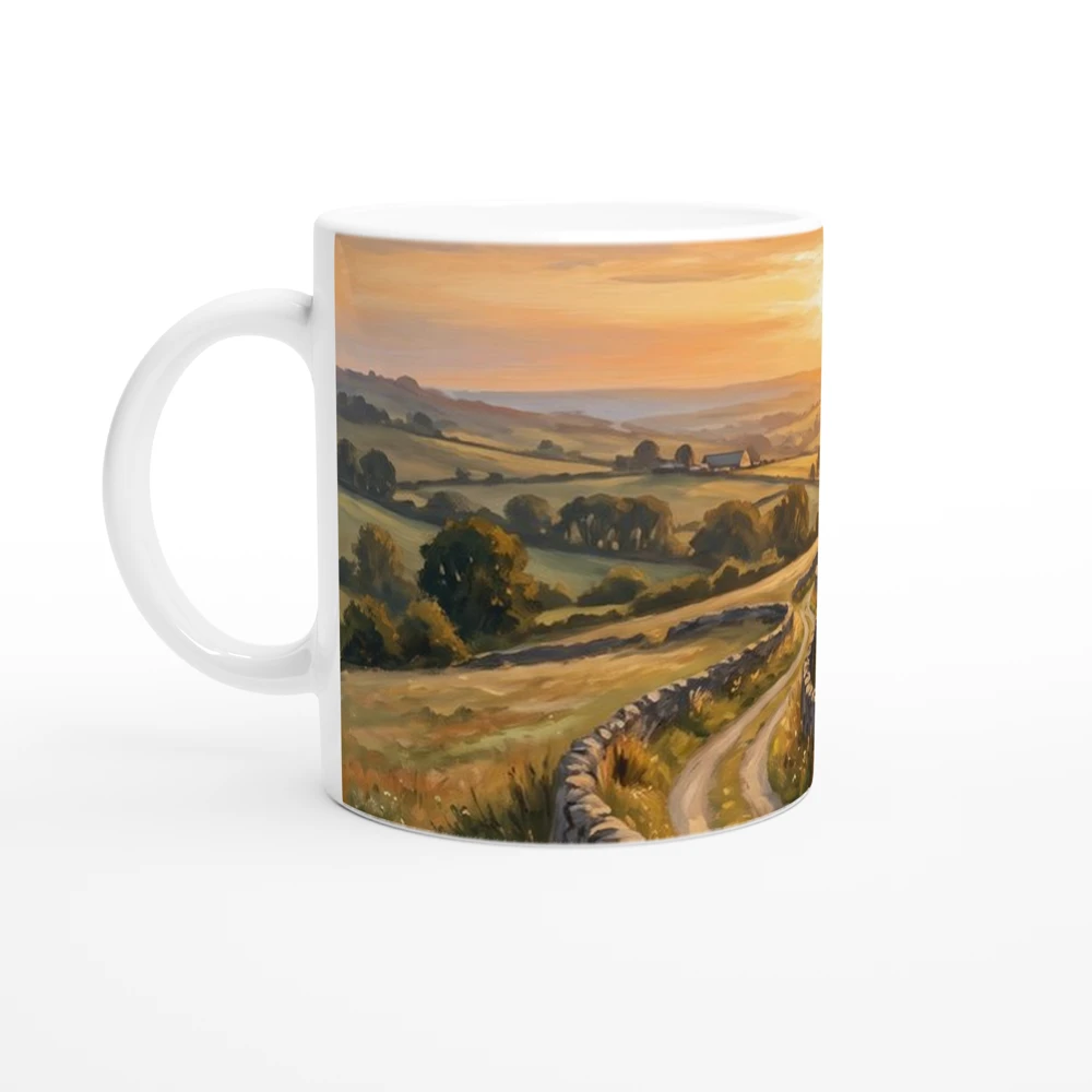 Gelato product render: The Open Road, a country lane winding towards a lone tree at sunset, printed round the body of a white ceramic mug