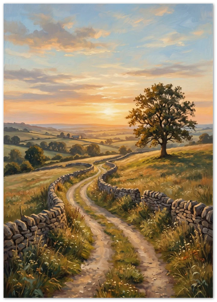 Gelato product render: The Open Road, a country lane winding towards a lone tree at sunset, on an unframed paper print