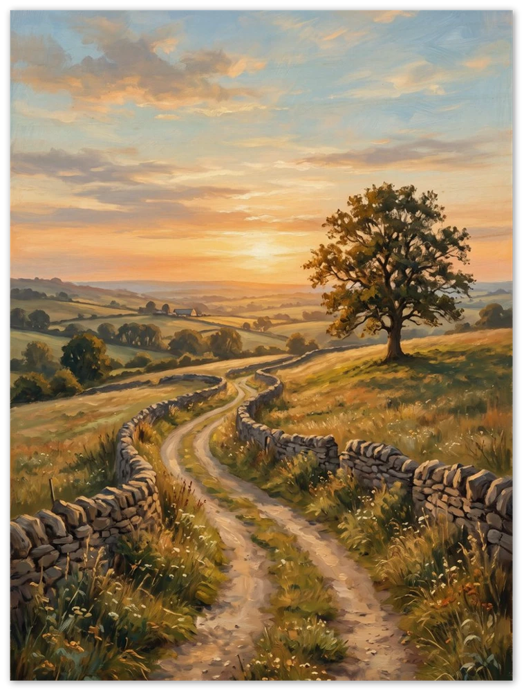 Gelato product render: The Open Road, a country lane winding towards a lone tree at sunset, printed on a frameless wood panel