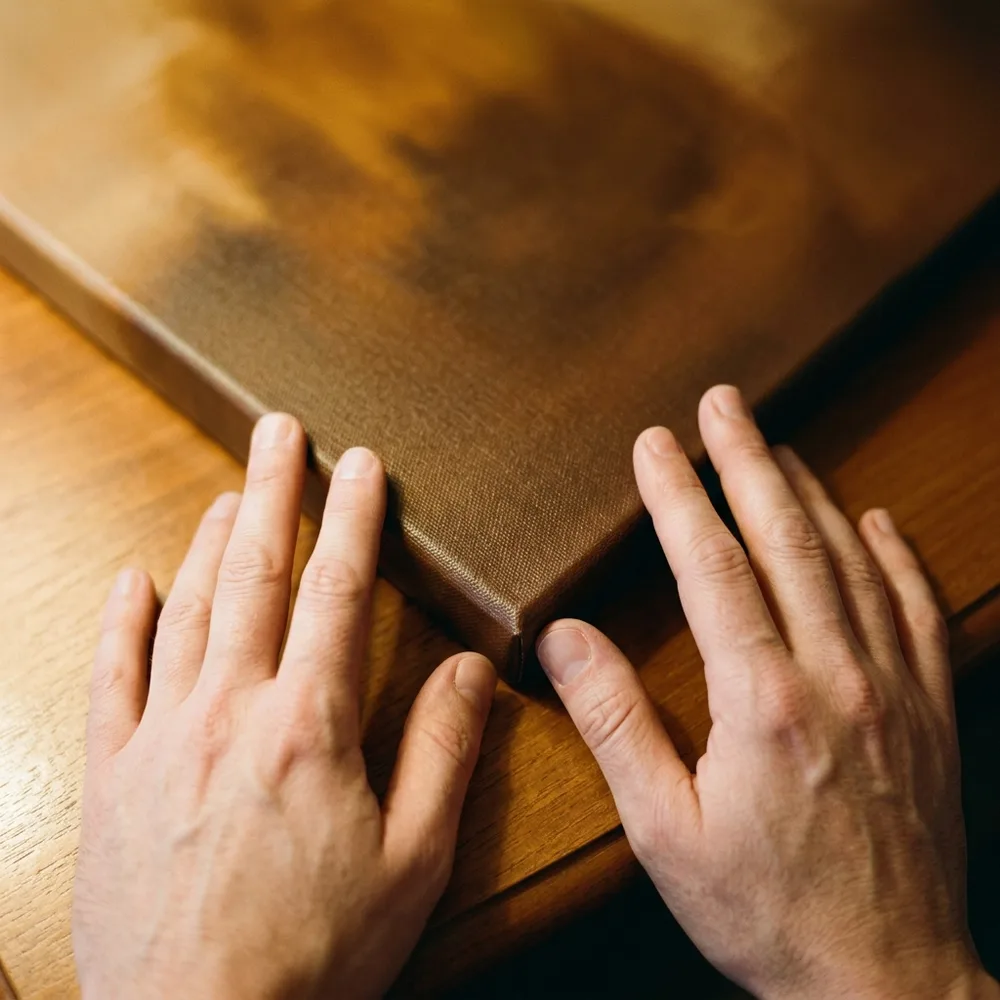 A pair of hands on the wrapped edge of a canvas