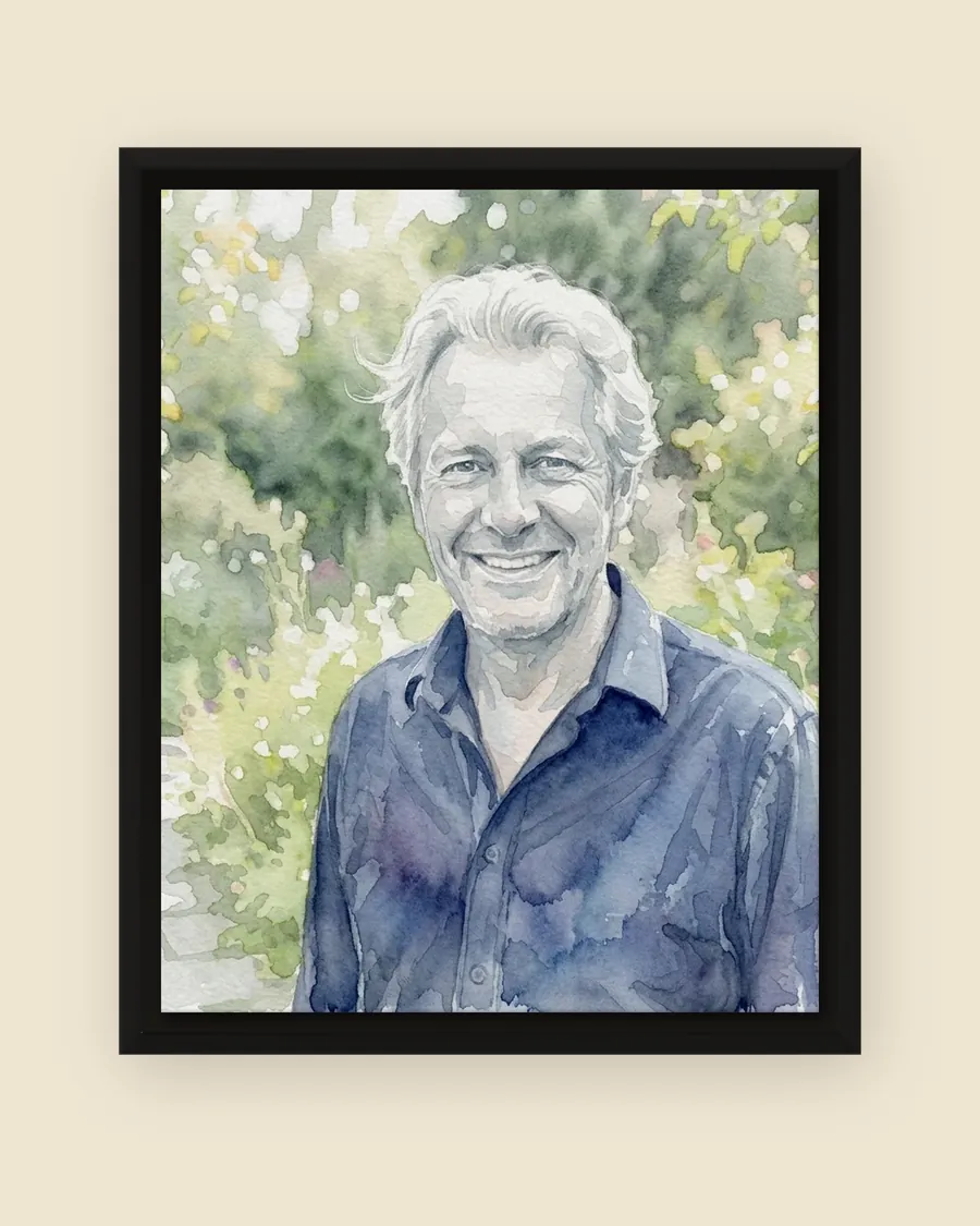 Framed canvas, 40 × 50 cm shown, black frame: a canvas floating inside the frame with a dark gap all round, printed with an AI-made example watercolour portrait of a smiling grey-haired man in a blue shirt in a garden.